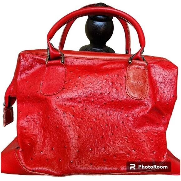 Vintage Belle Rose Ostrich Leather Red Korean Purse Medium Detachable Strap NEW - Picture 6 of 14